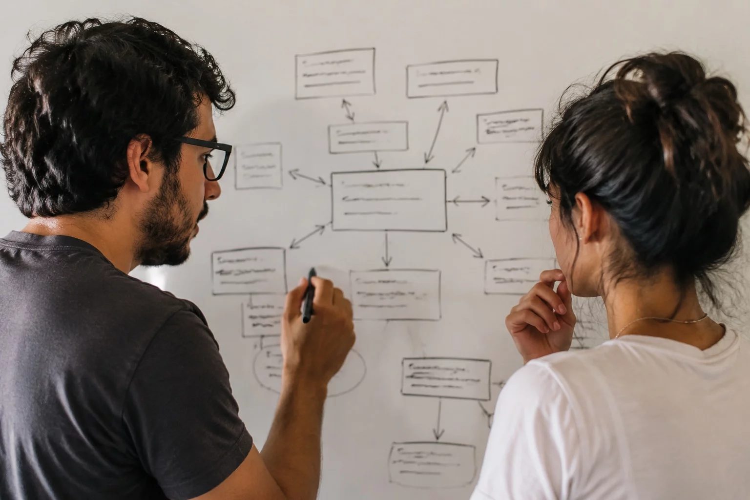 Duas pessoas diante de um quadro branco com um mapa de argumento desenhado à mão