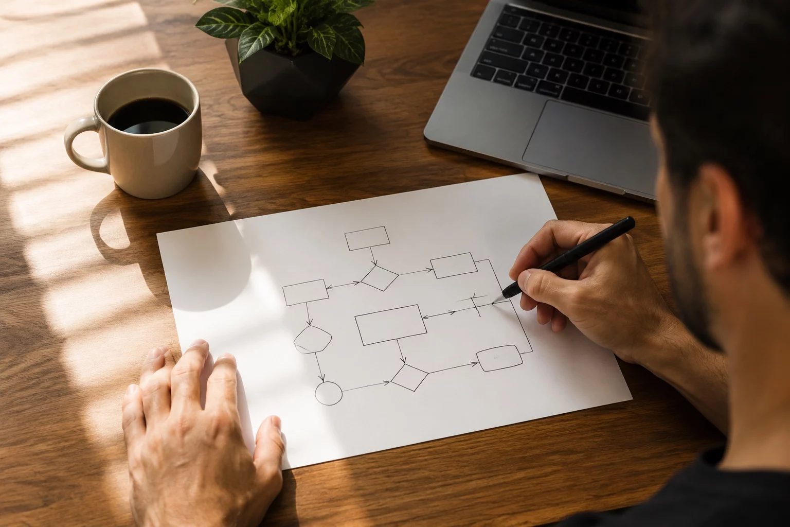 Vista de cima de uma mesa com um diagrama de lógica desenhado à mão
