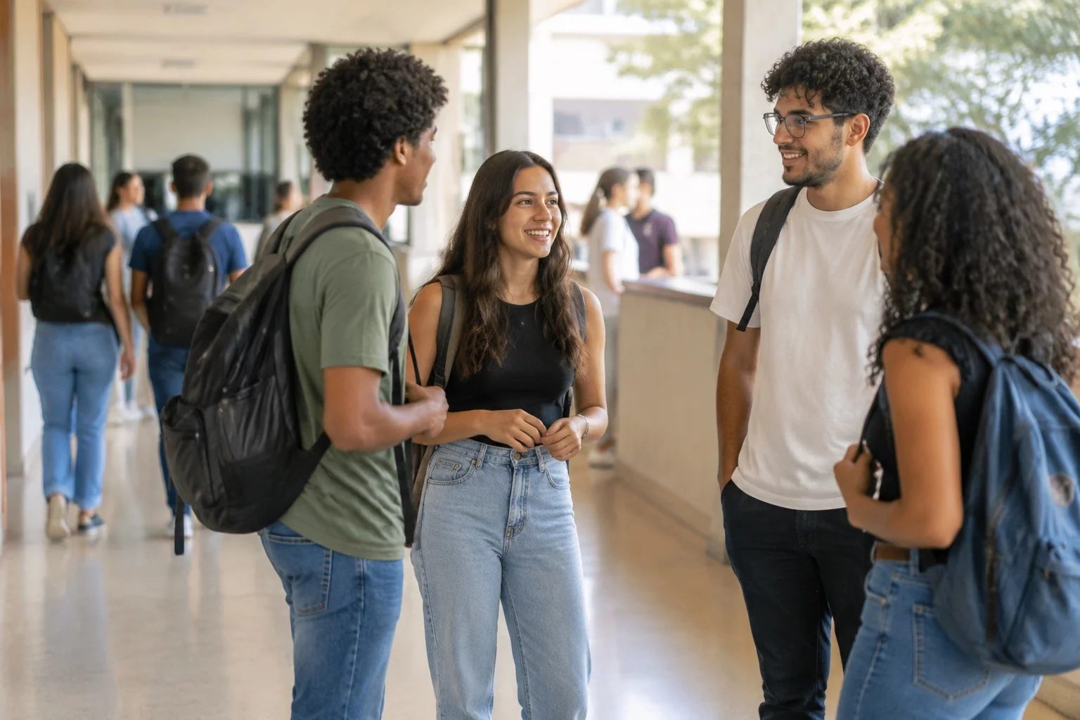 Estudantes com mochilas conversando no corredor de uma universidade