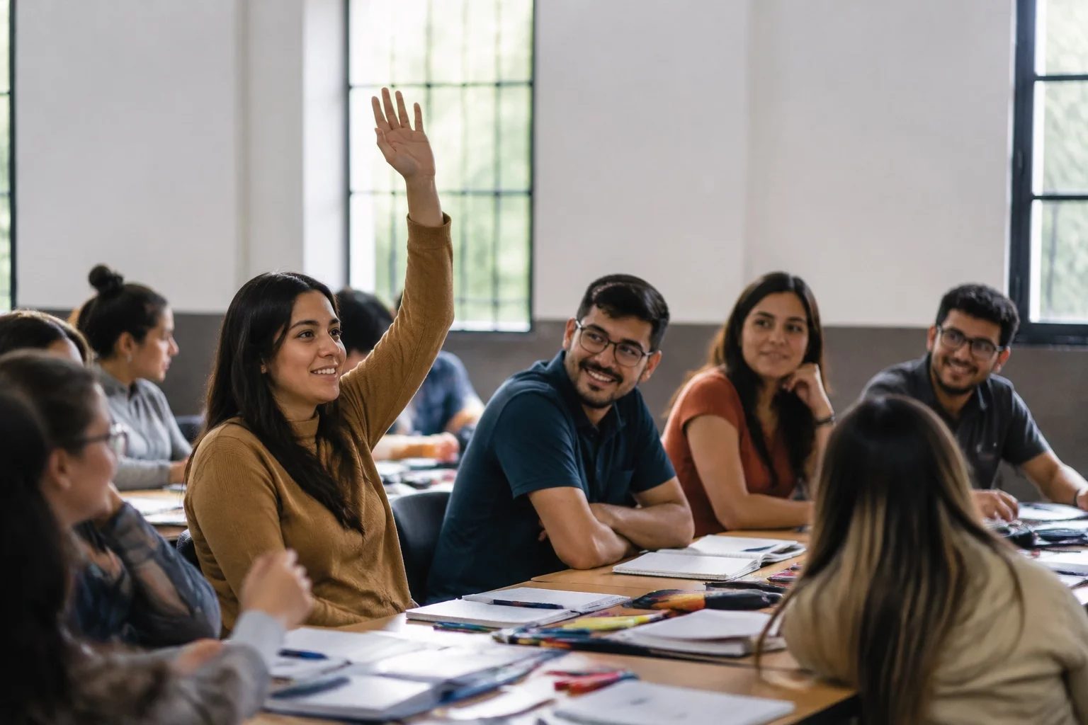 Estudante levantando a mão em uma mesa de seminário coberta de anotações