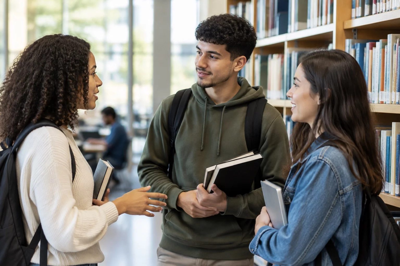 Estudantes conversando em pé entre as estantes de uma biblioteca