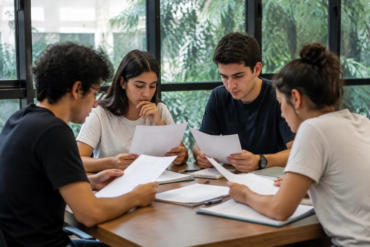 Grupo pequeno lendo páginas impressas de argumentos ao redor de uma mesa