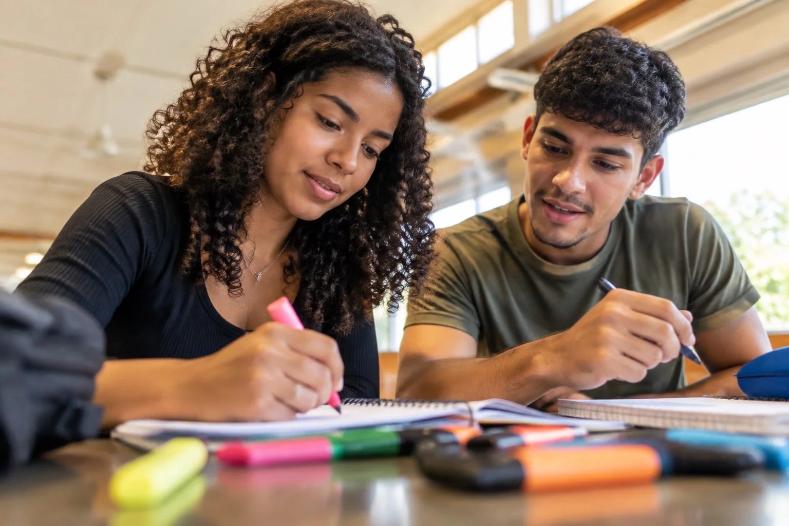 Dois estudantes preparando um debate com cadernos e marcadores