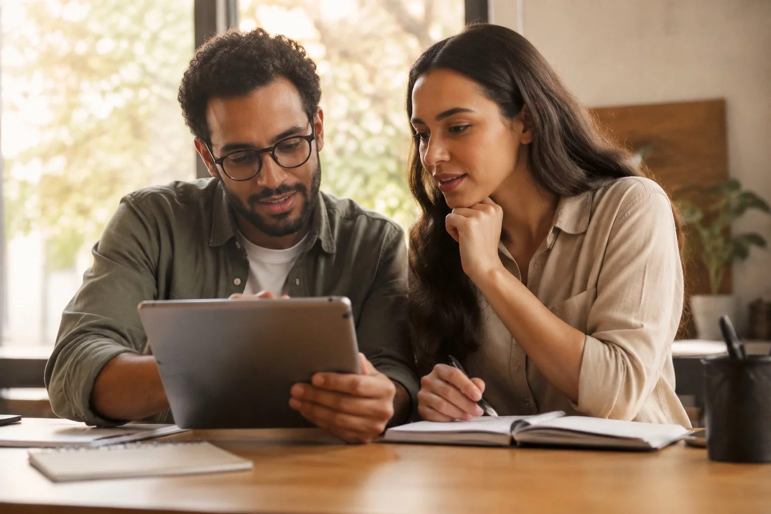 Duas pessoas revisando anotações em um tablet sobre uma mesa de madeira