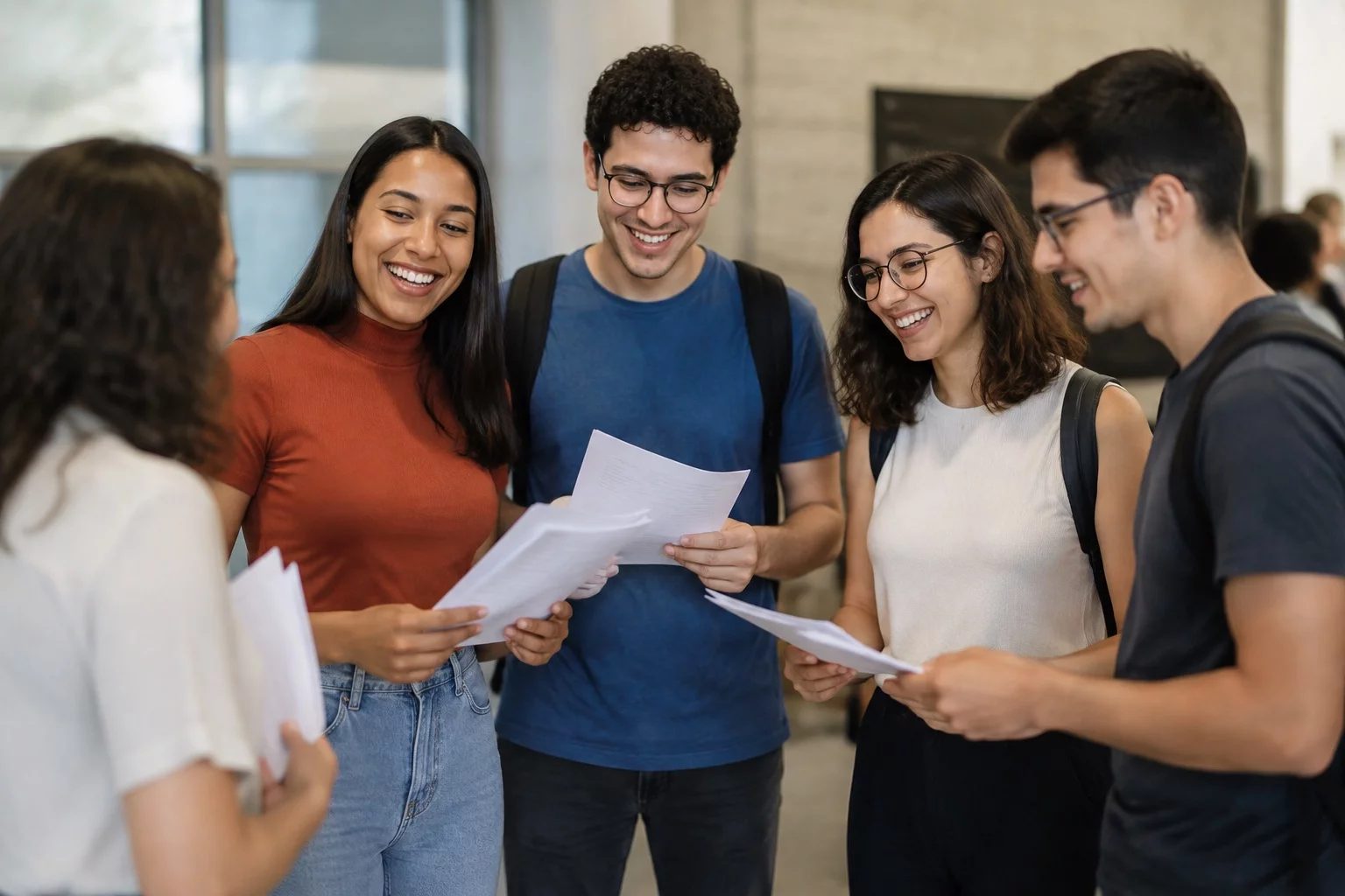 Grupo sorrindo após uma rodada de debate, com papéis nas mãos
